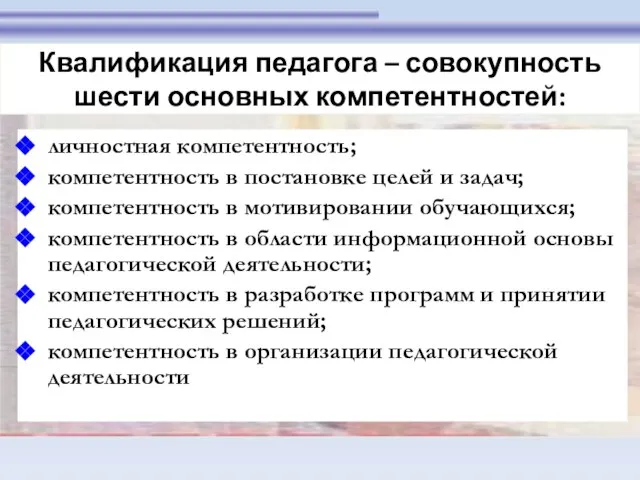 личностная компетентность; компетентность в постановке целей и задач; компетентность в мотивировании обучающихся;