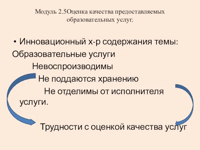 Модуль 2.5Оценка качества предоставляемых образовательных услуг. Инновационный х-р содержания темы: Образовательные услуги