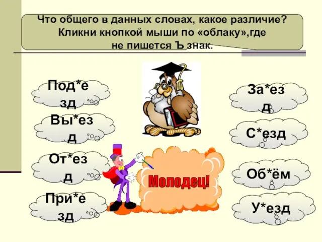 Что общего в данных словах, какое различие? Кликни кнопкой мыши по «облаку»,где