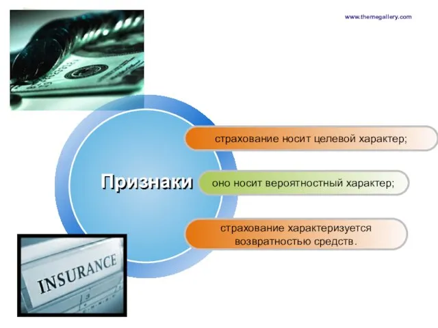 www.themegallery.com страхование носит целевой характер; оно носит вероятностный характер; страхование характеризуется возвратностью средств. Признаки
