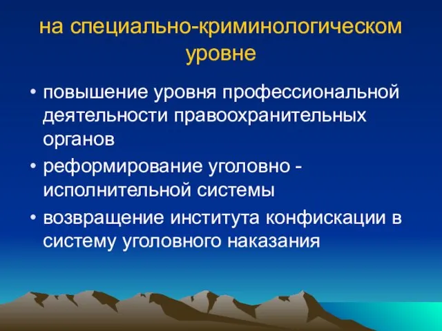 на специально-криминологическом уровне повышение уровня профессиональной деятельности правоохранительных органов реформирование уголовно -исполнительной