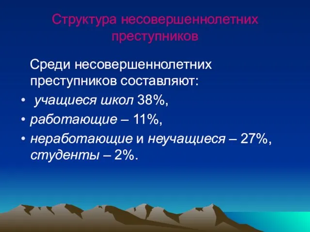 Структура несовершеннолетних преступников Среди несовершеннолетних преступников составляют: учащиеся школ 38%, работающие –