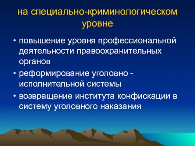 на специально-криминологическом уровне повышение уровня профессиональной деятельности правоохранительных органов реформирование уголовно -исполнительной