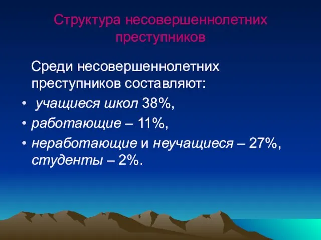 Структура несовершеннолетних преступников Среди несовершеннолетних преступников составляют: учащиеся школ 38%, работающие –