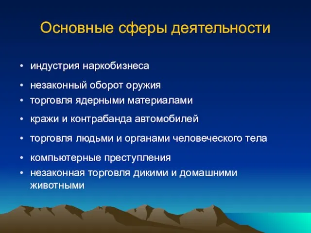 Основные сферы деятельности индустрия наркобизнеса незаконный оборот оружия торговля ядерными материалами кражи