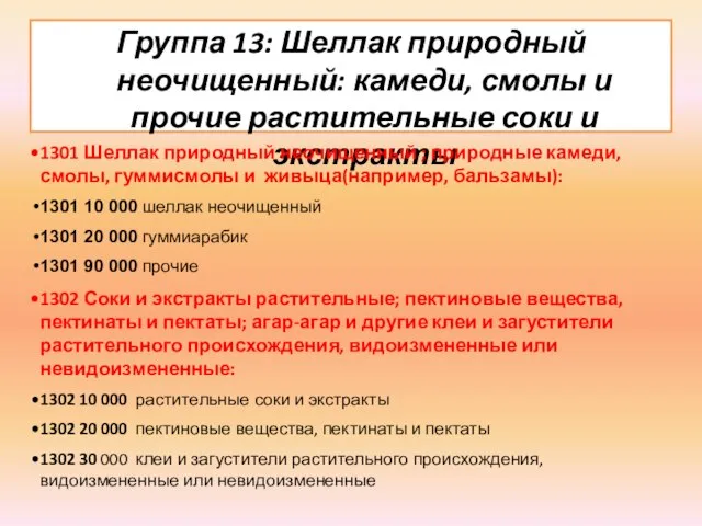 Группа 13: Шеллак природный неочищенный: камеди, смолы и прочие растительные соки и