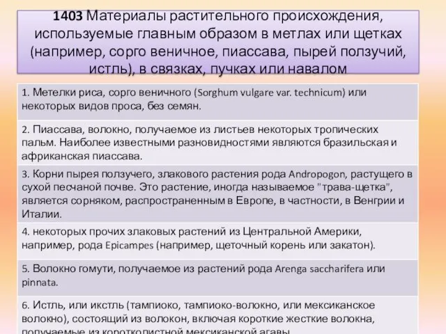 1403 Материалы растительного происхождения, используемые главным образом в метлах или щетках (например,