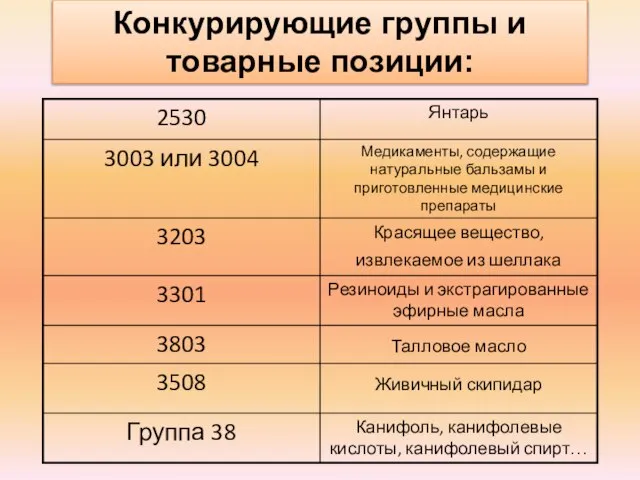 Конкурирующие группы и товарные позиции: