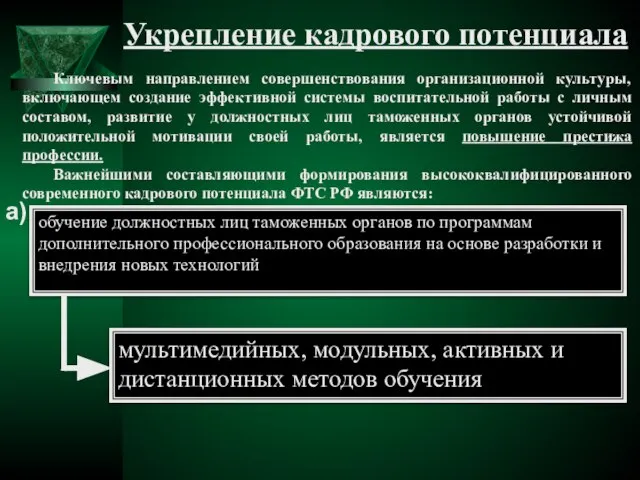 Укрепление кадрового потенциала Ключевым направлением совершенствования организационной культуры, включающем создание эффективной системы