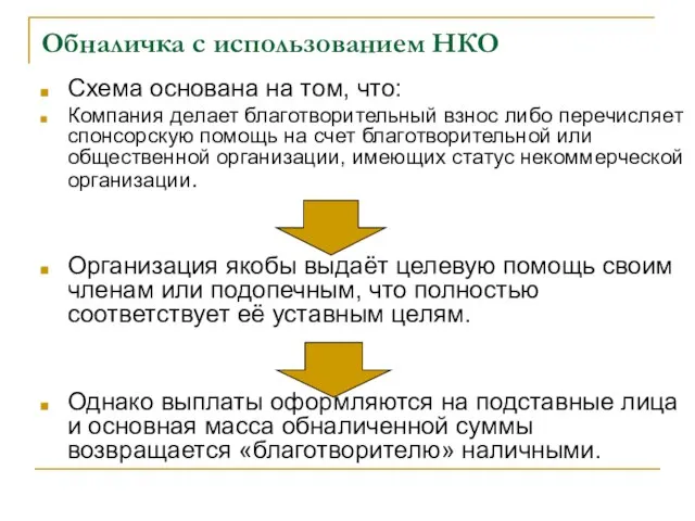 Обналичка с использованием НКО Схема основана на том, что: Компания делает благотворительный