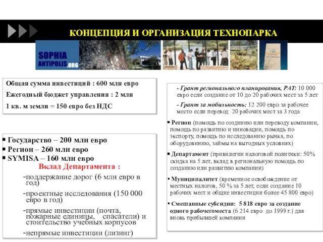 КОНЦЕПЦИЯ И ОРГАНИЗАЦИЯ ТЕХНОПАРКА Государство – 200 млн евро Регион – 260