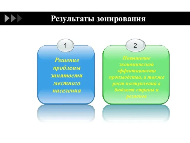 Результаты зонирования Решение проблемы занятости местного населения Повышение экономической эффективности производства, а