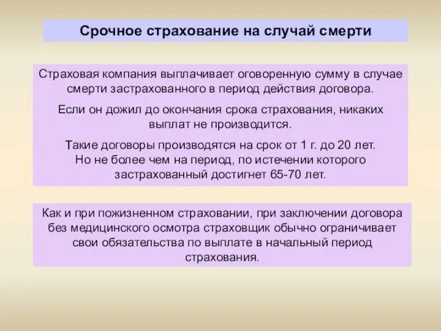 Срочное страхование на случай смерти Страховая компания выплачивает оговоренную сумму в случае