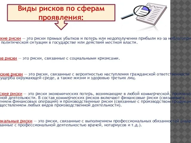 Виды рисков по сферам проявления: