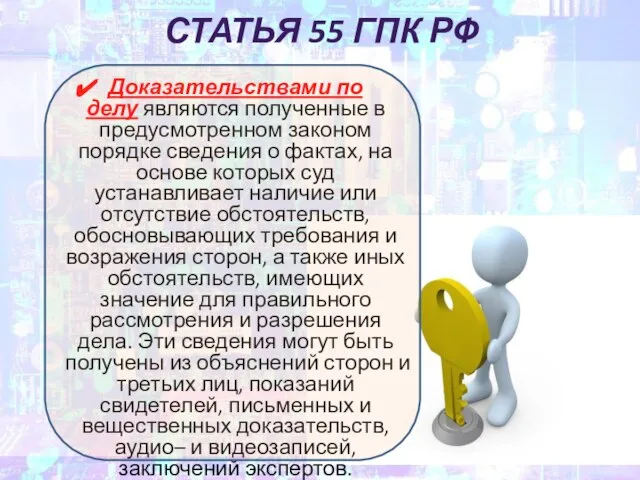 статья 55 ГПК РФ Доказательствами по делу являются полученные в предусмотренном законом