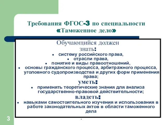 Требования ФГОС-3 по специальности «Таможенное дело» Обучающийся должен знать: систему российского права,