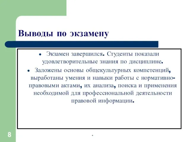 Выводы по экзамену Экзамен завершился. Студенты показали удовлетворительные знания по дисциплине. Заложены