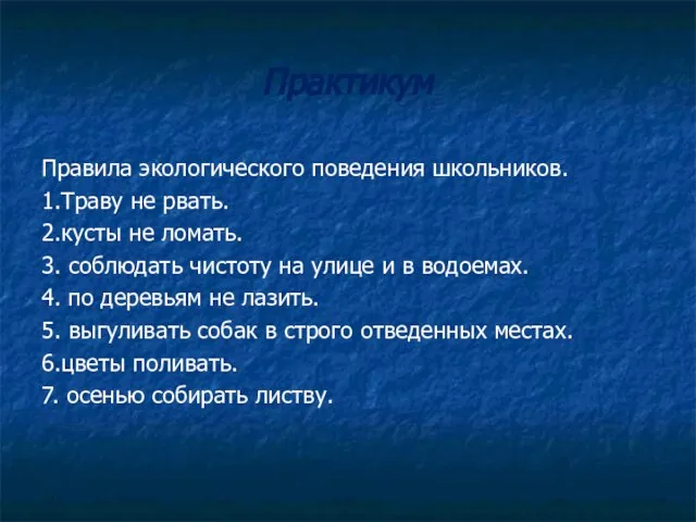 Практикум Правила экологического поведения школьников. 1.Траву не рвать. 2.кусты не ломать. 3.