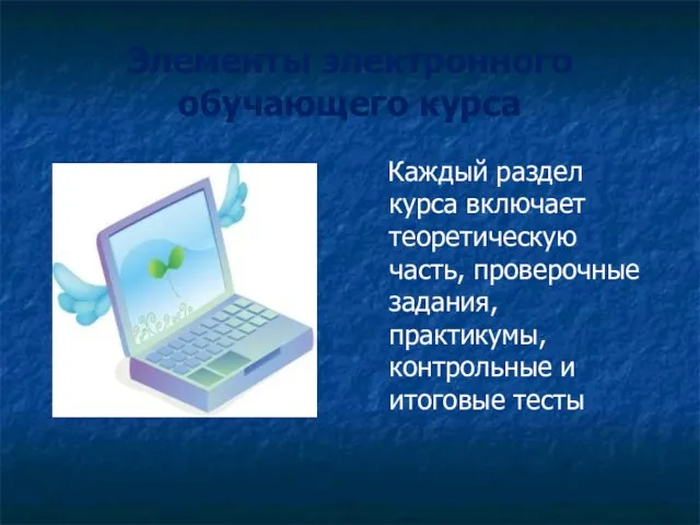 Элементы электронного обучающего курса Каждый раздел курса включает теоретическую часть, проверочные задания,