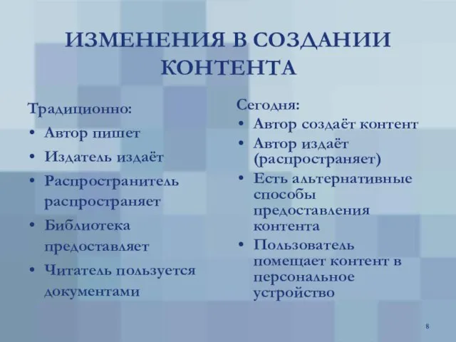 ИЗМЕНЕНИЯ В СОЗДАНИИ КОНТЕНТА Традиционно: Автор пишет Издатель издаёт Распространитель распространяет Библиотека