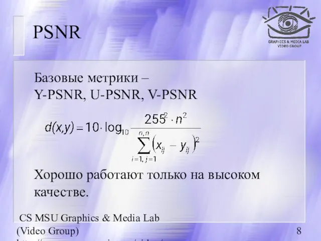 CS MSU Graphics & Media Lab (Video Group) http://www.compression.ru/video/ PSNR Базовые метрики