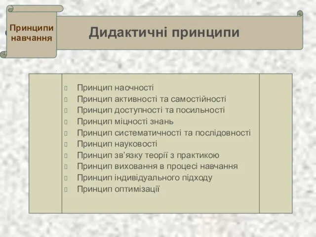 Дидактичні принципи . Дидактичні принципи Принципи навчання Принцип наочності Принцип активності та