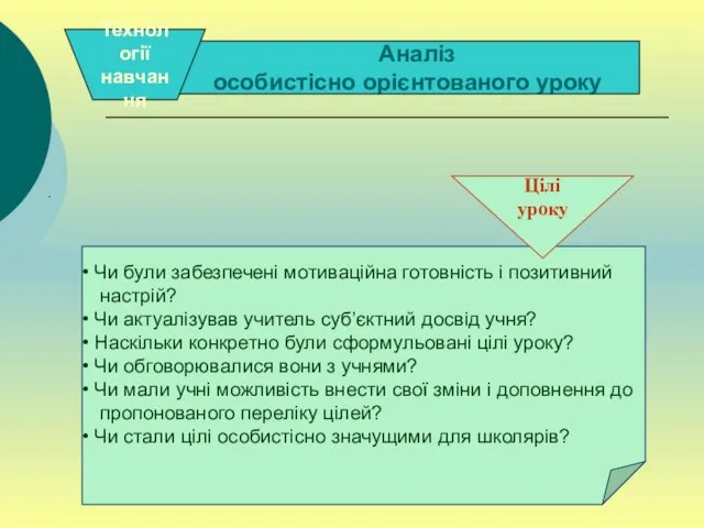 . . Аналіз особистісно орієнтованого уроку Технології навчання Чи були забезпечені мотиваційна