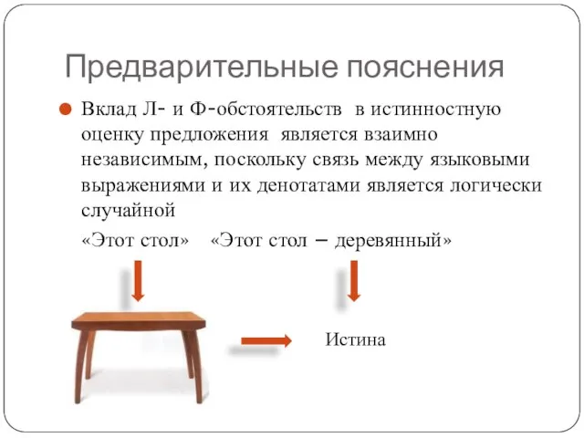 Предварительные пояснения Вклад Л- и Ф-обстоятельств в истинностную оценку предложения является взаимно