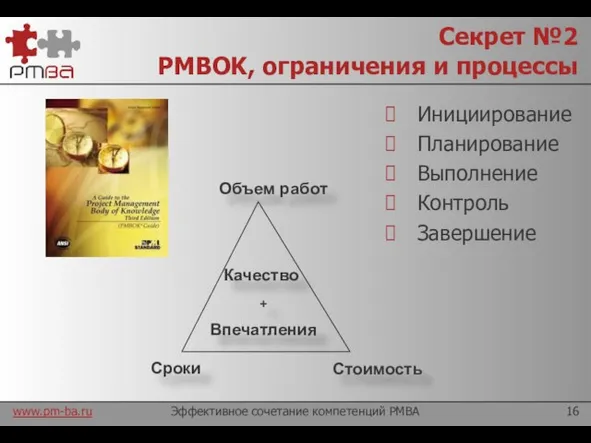 Секрет №2 PMBOK, ограничения и процессы Эффективное сочетание компетенций PMBA Объем работ