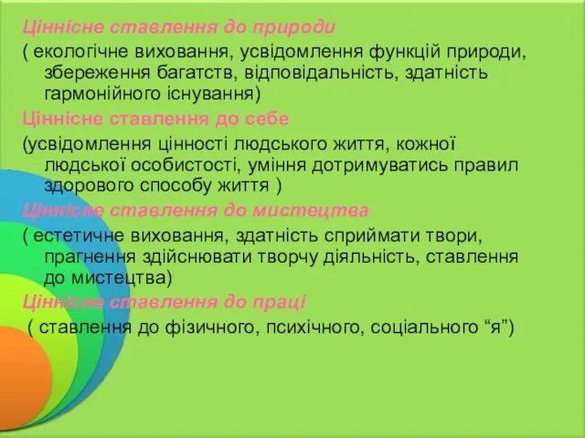 Ціннісне ставлення до природи ( екологічне виховання, усвідомлення функцій природи, збереження багатств,