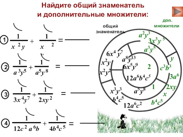 = Найдите общий знаменатель и дополнительные множители: x2y2 y x 1 общий