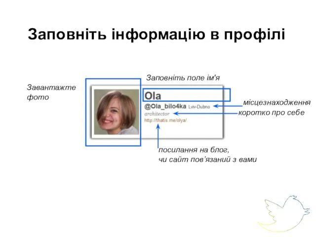 Заповніть інформацію в профілі Завантажте фото Заповніть поле ім'я місцезнаходження коротко про