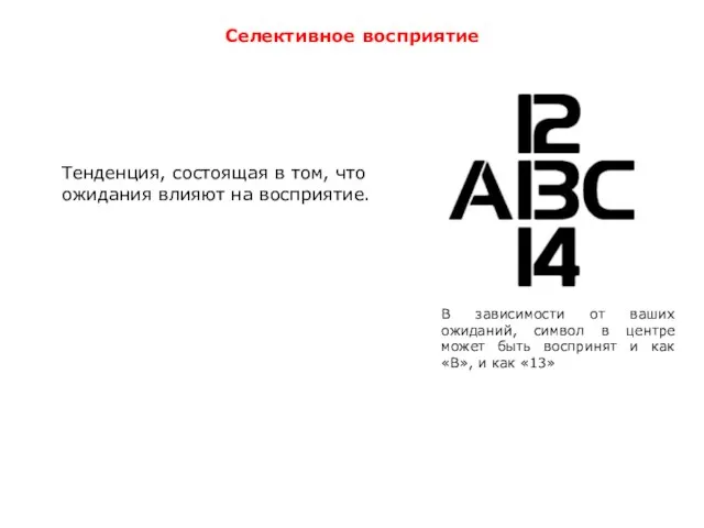 Селективное восприятие Тенденция, состоящая в том, что ожидания влияют на восприятие. В