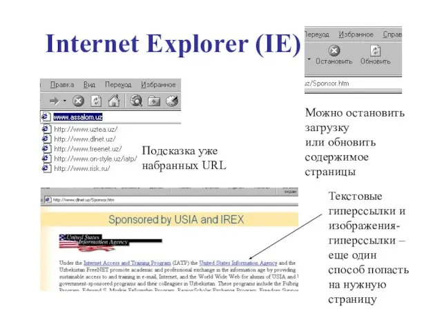 Подсказка уже набранных URL Можно остановить загрузку или обновить содержимое страницы Текстовые