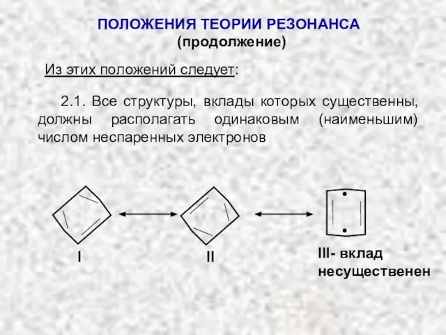 ПОЛОЖЕНИЯ ТЕОРИИ РЕЗОНАНСА (продолжение) Из этих положений следует: 2.1. Все структуры, вклады