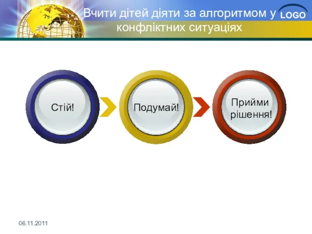 Вчити дітей діяти за алгоритмом у конфліктних ситуаціях Стій! Подумай! Прийми рішення! 06.11.2011