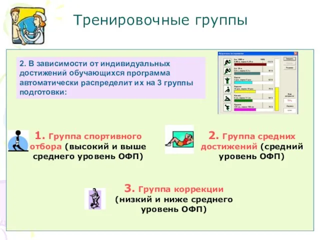 Тренировочные группы 2. В зависимости от индивидуальных достижений обучающихся программа автоматически распределит