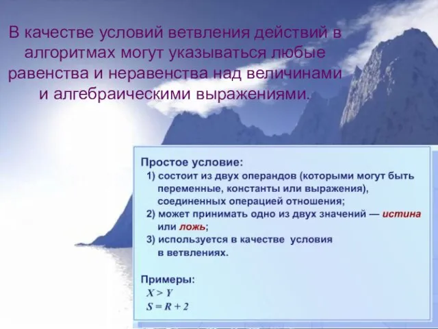 В качестве условий ветвления действий в алгоритмах могут указываться любые равенства и