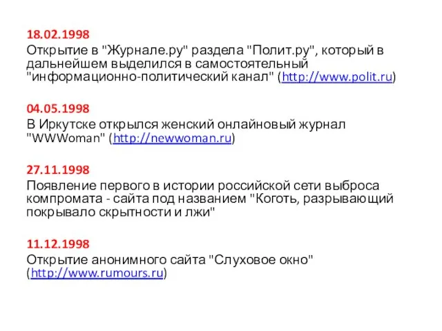 18.02.1998 Открытие в "Журнале.ру" раздела "Полит.ру", который в дальнейшем выделился в самостоятельный