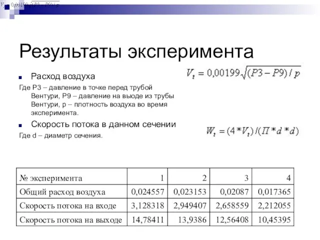 Результаты эксперимента Расход воздуха Где Р3 – давление в точке перед трубой