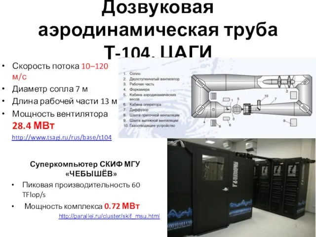 Дозвуковая аэродинамическая труба Т-104, ЦАГИ Скорость потока 10–120 м/с Диаметр сопла 7