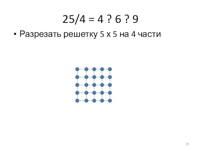 25/4 = 4 ? 6 ? 9 Разрезать решетку 5 х 5 на 4 части