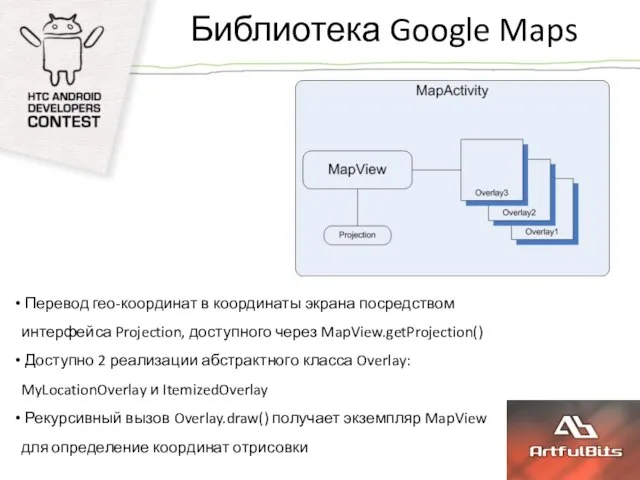 Библиотека Google Maps Перевод гео-координат в координаты экрана посредством интерфейса Projection, доступного