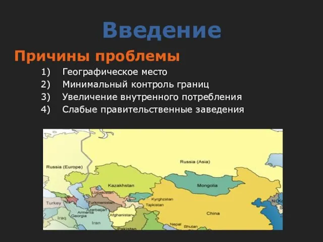 Введение Причины проблемы Географическое место Минимальный контроль границ Увеличение внутренного потребления Слабые правительственные заведения