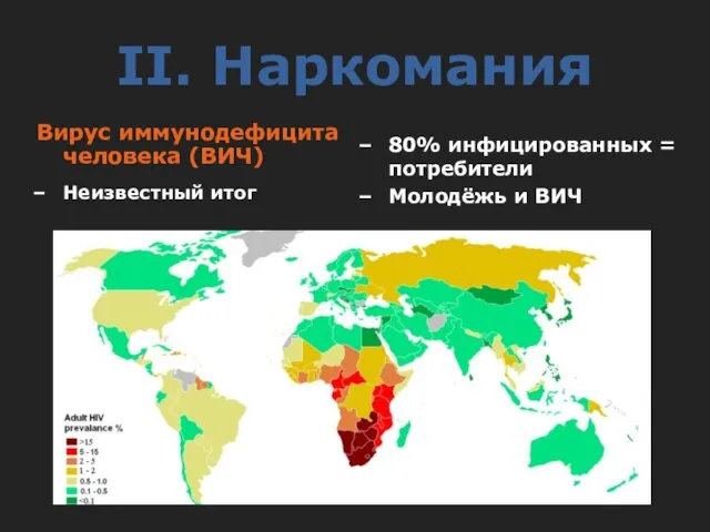 II. Наркомания Вирус иммунодефицита человека (ВИЧ) Неизвестный итог 80% инфицированных = потребители Молодёжь и ВИЧ