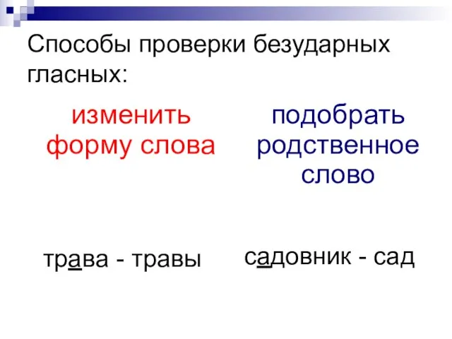 Способы проверки безударных гласных: изменить форму слова трава - травы подобрать родственное слово садовник - сад