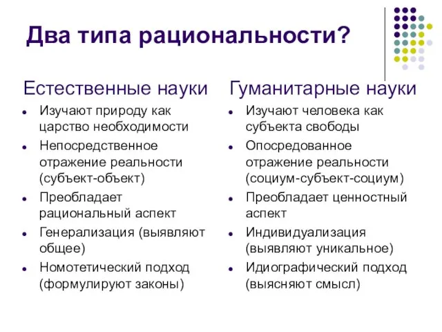 Два типа рациональности? Естественные науки Изучают природу как царство необходимости Непосредственное отражение