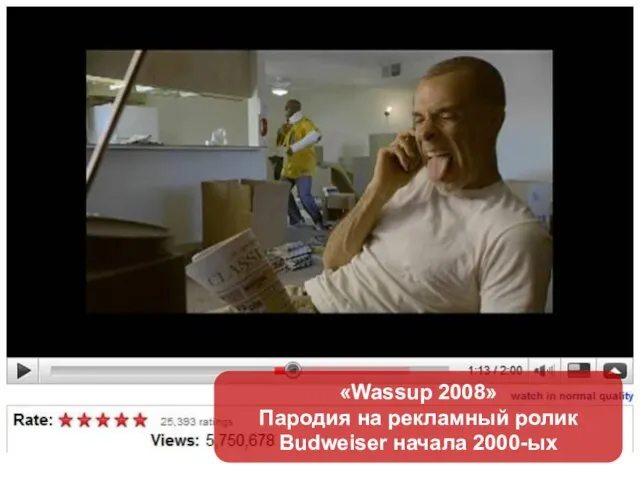 «Wassup 2008» Пародия на рекламный ролик Budweiser начала 2000-ых «Wassup 2008» Пародия