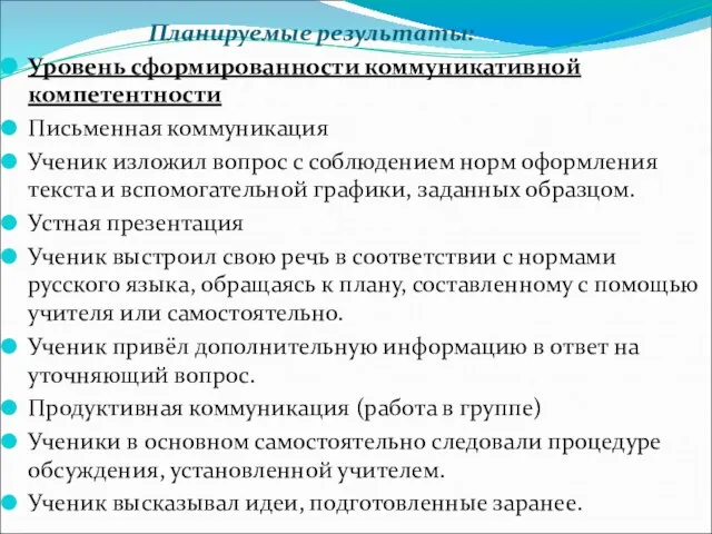 Планируемые результаты: Уровень сформированности коммуникативной компетентности Письменная коммуникация Ученик изложил вопрос с