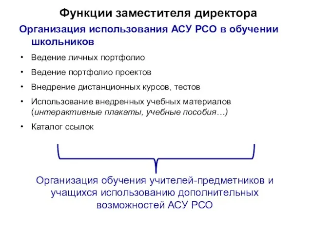 Функции заместителя директора Организация использования АСУ РСО в обучении школьников Ведение личных